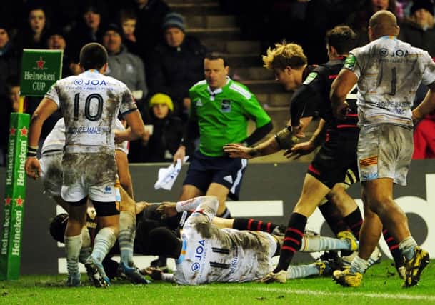 Dougie Fife scores in the corner against Perpignan. Picture: Ian Rutherford