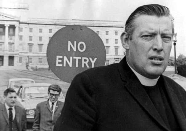 The Rev Ian Paisley outside Stormont Castle in 1969. Picture: AP