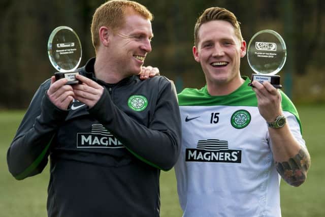 Kris Commons and manager Neil Lennon pick up the SPFL Scottish Championship Player and Manager of the Month respectively. Picture: SNS