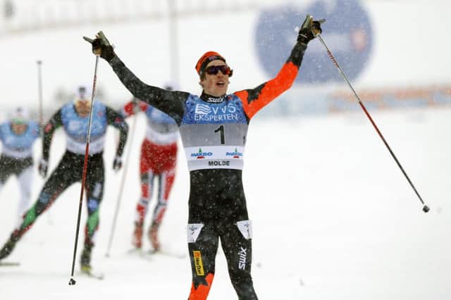 Andrew Musgrave celebrates after victory in Lillehammer. Picture: AP