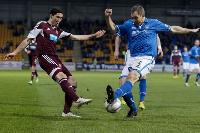 Hearts' Dylan McGowan (left) and Frazer Wright battle for possession. Picture: SNS