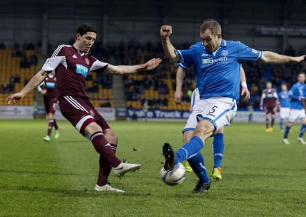 Hearts' Dylan McGowan (left) and Frazer Wright battle for possession. Picture: SNS