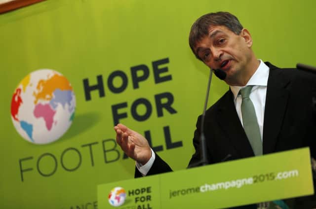 Jerome Champagne addresses his Hope for Football press conference yesterday. Picture: Getty