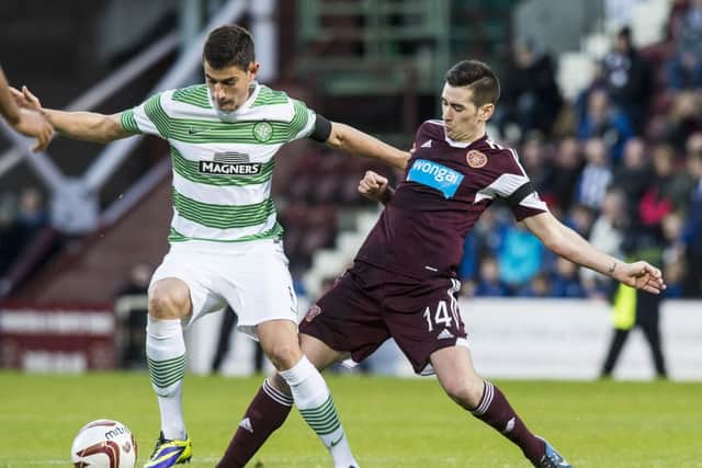 Nir Biton holds off Jamie Walker of Hearts. Picture: Ian Georgeson