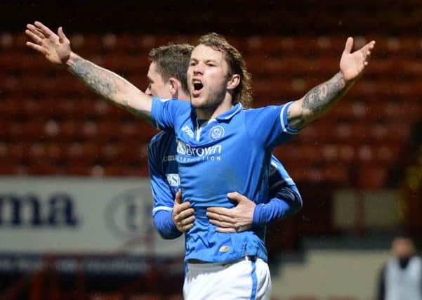 Stevie May celebrates scoring  the winning goal against Partick, his 20th of the season. Picture: SNS
