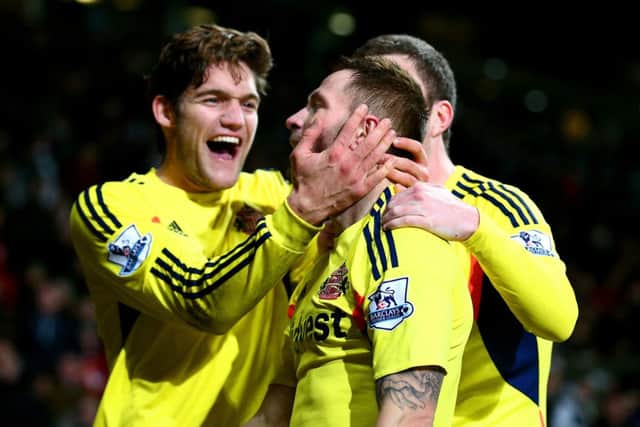 Phil Bardsley celebrates the goal he thought had won it in extra time. Picture: Paul Ellis/Getty