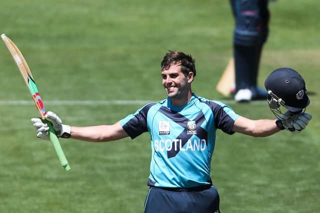 Calum Macleod of Scotland celebrates as he reaches his century during the match between Scotland and Canada. Picture: Getty