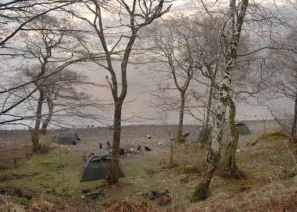 The empty campsite of the four men who died five years ago in a boating accident on Loch Awe. Picture: Robert Perry