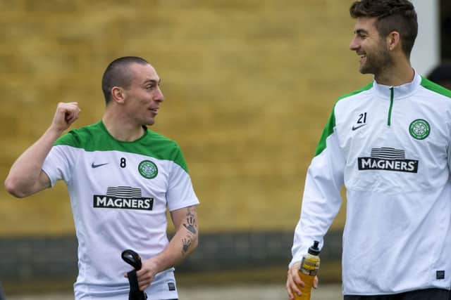 Scott Brown (left) chats with Charlie Mulgrew during Friday's training session. Picture: SNS