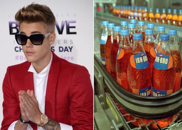 Canadian pop star Justin Bieber, left, and bottles of Irn Bru at AG Barr's Cumbernauld factory. Picture: Getty/Contributed