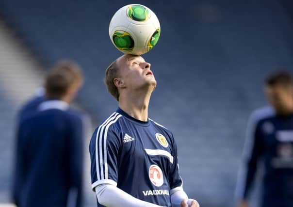 Striker Leigh Griffiths trains with Scotland last September. The Wolves striker is being sought by Celtic. Picture: SNS