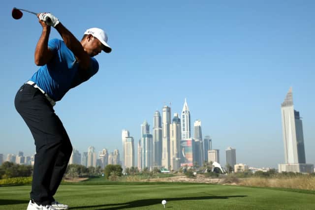 Tiger Woods tees off on the eighth hole during the proam before the Omega Desert Classic. Picture: Getty
