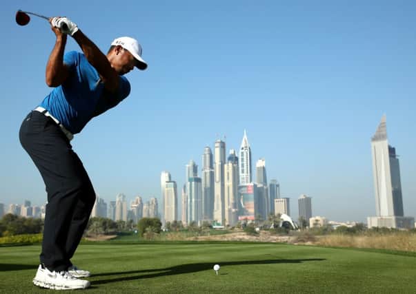 Tiger Woods tees off on the eighth hole during the proam before the Omega Desert Classic. Picture: Getty