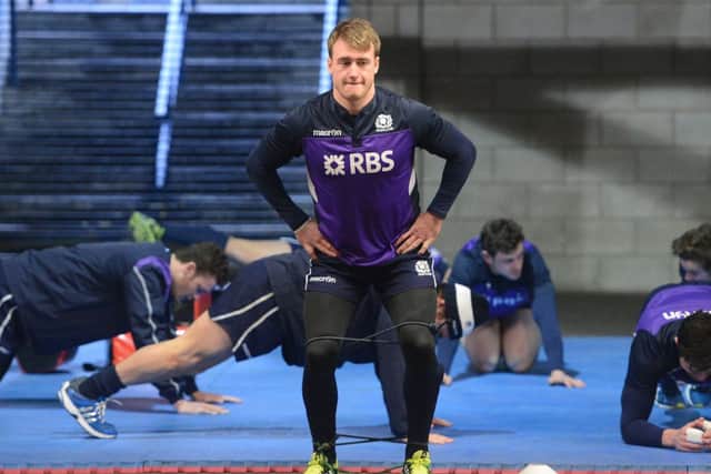 Stuart Hogg and the Scotland squad during an indoor training session at Murrayfield. Picture: Neil Hanna