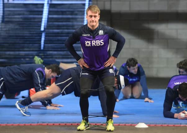 Stuart Hogg and the Scotland squad during an indoor training session at Murrayfield. Picture: Neil Hanna