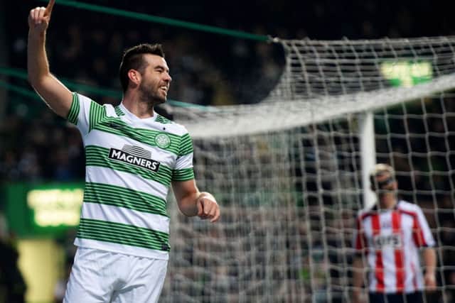 Joe Ledley celebrates after putting Celtic 2-0 up against Kilmarnock. Picture: SNS