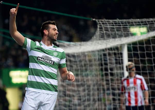 Joe Ledley celebrates after putting Celtic 2-0 up against Kilmarnock. Picture: SNS