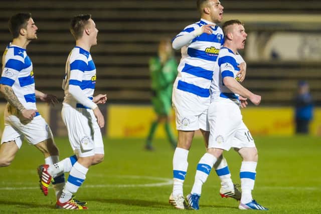 Morton's Archie Campbell (right) celebrates his goal with team-mate Darren Cole. Picture: SNS