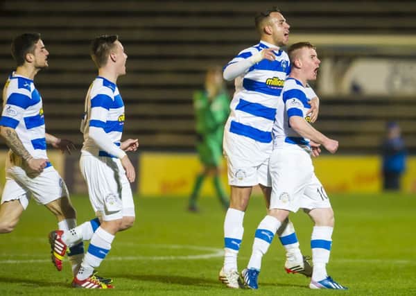 Morton's Archie Campbell (right) celebrates his goal with team-mate Darren Cole. Picture: SNS