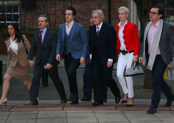 William Roache (centre) arriving at Preston Crown Court yesterday with his sons James and Linus on his right and daughter Verity on his left. Picture: Dave Thompson/PA