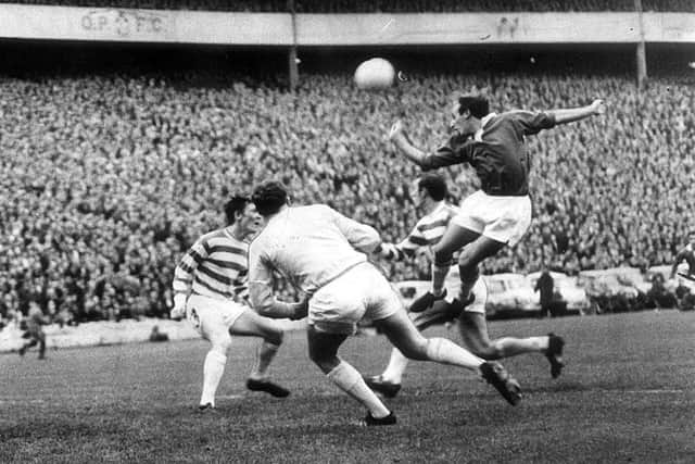 Henry Hall leaps to head clear during the 1969 League Cup final against Celtic at Hampden Park. Picture: Dundee Courier