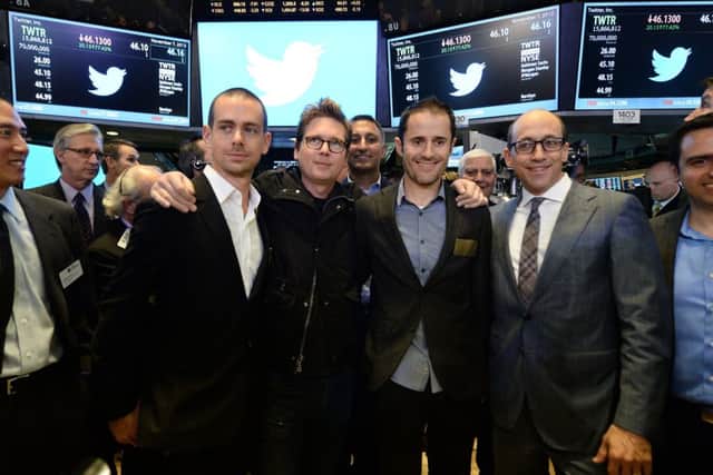 From left, Twitter co-founders Jack Dorsey, Biz Stone, Evan Williams and chief executive Dick Costolo at the New York Stock Exchange. Photograph: Getty Images