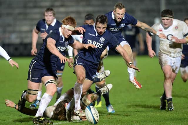 Scotland flanker Rob Harley prepares to pounce on a loose ball during last nights game against England at Scotstoun. Picture: SNS/SRU