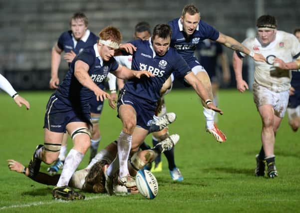 Scotland flanker Rob Harley prepares to pounce on a loose ball during last nights game against England at Scotstoun. Picture: SNS/SRU
