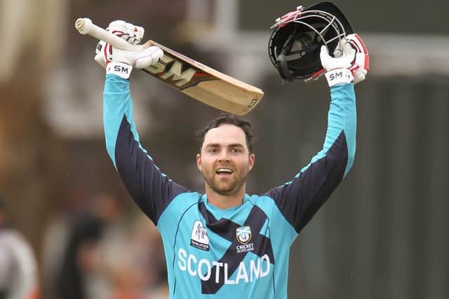 A jubilant Preston Mommsen celebrates reaching his century at the Bert Sutcliffe Oval in Lincoln. Picture: Martin Hunter/Getty