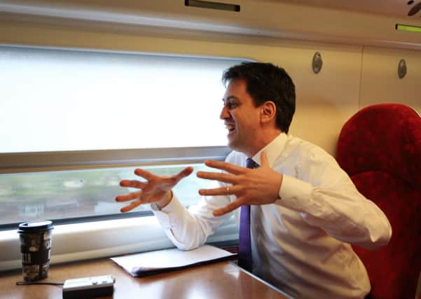 Labour Leader Ed Miliband during an interview as he travels by train to Stockport, Cheshire. Picture: PA