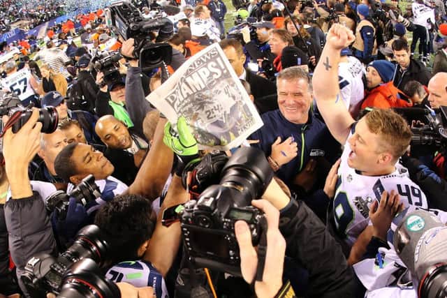 Long snapper Clint Gresham #49 of the Seattle Seahawks celebrates with teammates on the field after winning Super Bowl XLVIII. Picture: Getty