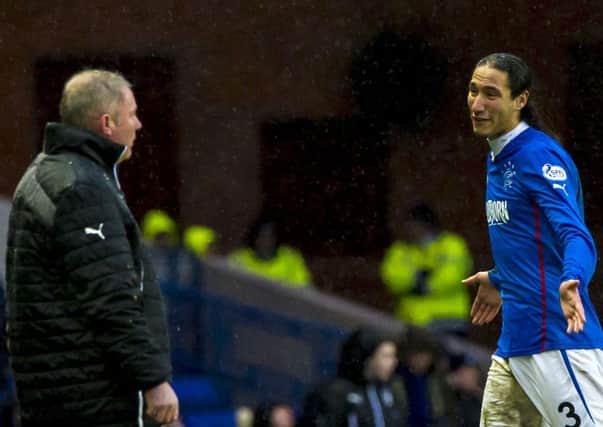 Bilel Mohsni apologises to Ally McCoist after being sent off. Picture: SNS