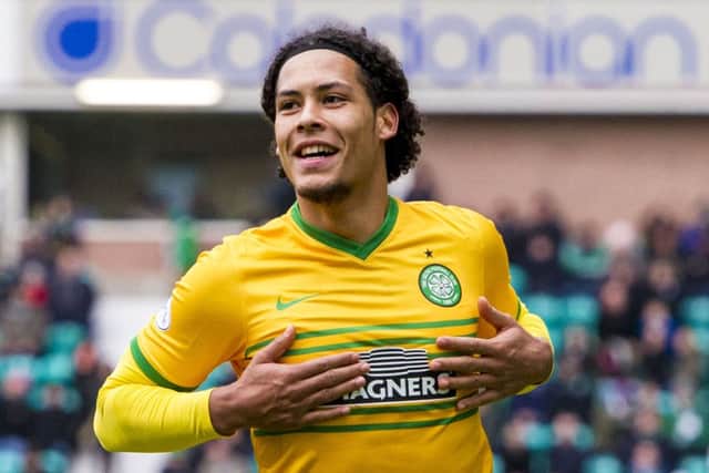 Virgil van Dijk celebrates netting against Hibernian. Picture: SNS