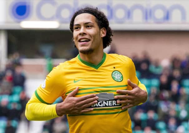 Virgil van Dijk celebrates netting against Hibernian. Picture: SNS