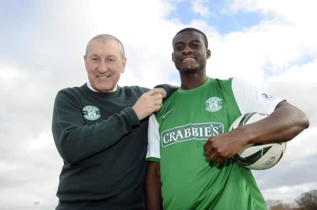 Hibs manager Terry Butcher welcomes new loan signing Daniel Boateng to East Mains. Picture: Greg Macvean
