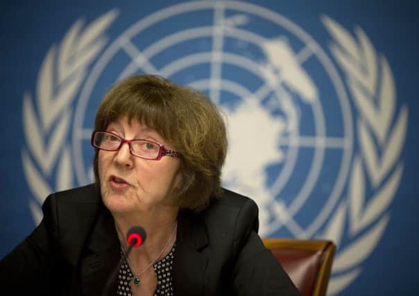 Kirsten Sandberg, chairperson of the UN human rights committee on the rights of the child, speaks to the press. Picture: AP