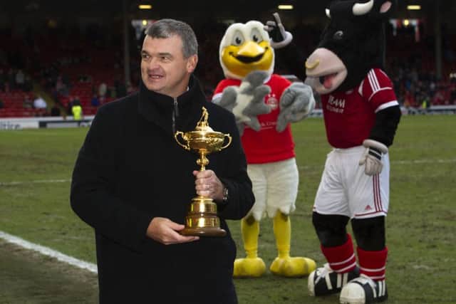 Paul Lawrie shows off the Ryder Cup at Pittodrie. Picture: SNS