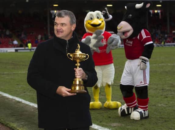 Paul Lawrie shows off the Ryder Cup at Pittodrie. Picture: SNS