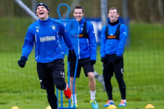 Lee McCulloch has a good laugh during Rangers training session at Murray Park. Picture: SNS