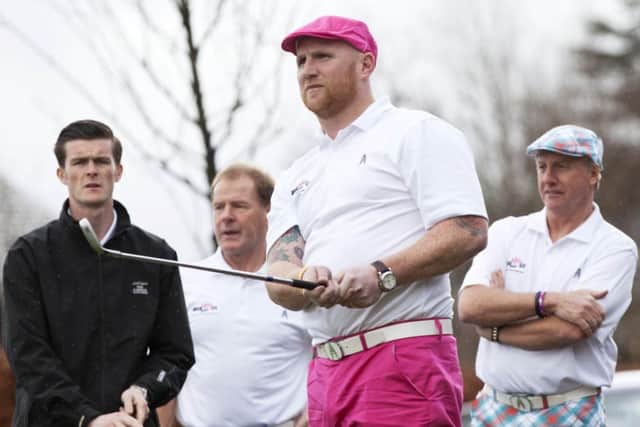 John Hartson plays an iron shot at the launch of the John Hartson Foundation Celebrity Golf Day at Loch Lomond. Picture: SNS