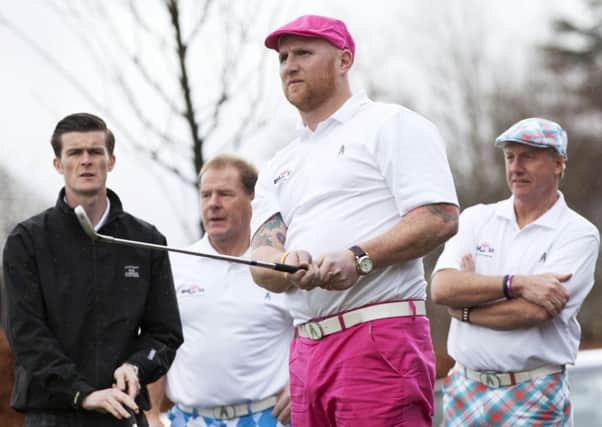 John Hartson plays an iron shot at the launch of the John Hartson Foundation Celebrity Golf Day at Loch Lomond. Picture: SNS