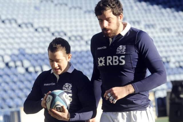 Scotland's Greig Laidlaw (L) and Jim Hamilton in training yesterday. Picture: Greg Macvean