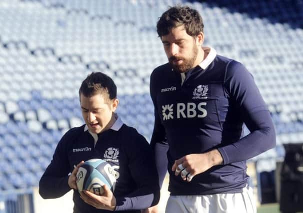 Scotland's Greig Laidlaw (L) and Jim Hamilton in training yesterday. Picture: Greg Macvean
