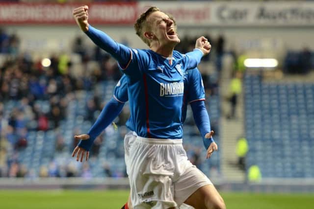 An elated Dean Shiels celebrates his third goal of the Rangers v Dunfermline William Hill Scottish Cup fifth round tie. Picture: SNS