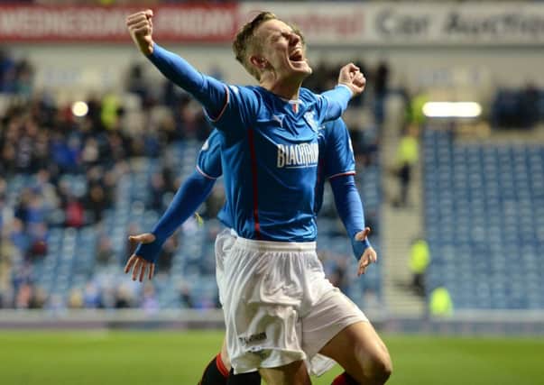 An elated Dean Shiels celebrates his third goal of the Rangers v Dunfermline William Hill Scottish Cup fifth round tie. Picture: SNS