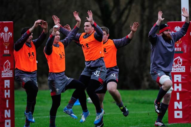 The Welsh squad in training this week, including winger George North (C). Picture: Getty