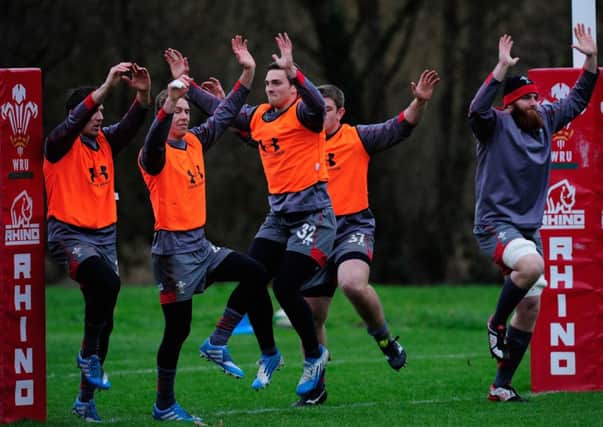 The Welsh squad in training this week, including winger George North (C). Picture: Getty