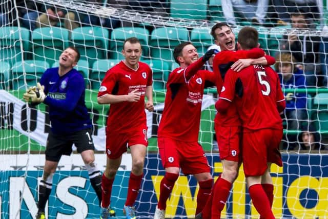 Dougie Hill  celebrates after Raith Rovers take the lead. Picture: SNS