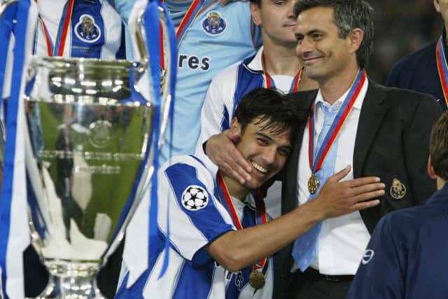 Nuno Valente and Jose Mourinho celebrate their 2004 Champions League win. Picture: Getty