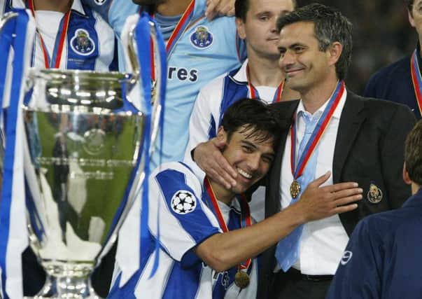 Nuno Valente and Jose Mourinho celebrate their 2004 Champions League win. Picture: Getty